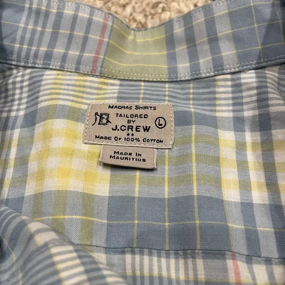 J Crew Madras Long Sleeve Button Down Shirt L Cotton Plaid Preppy Casual Summer
